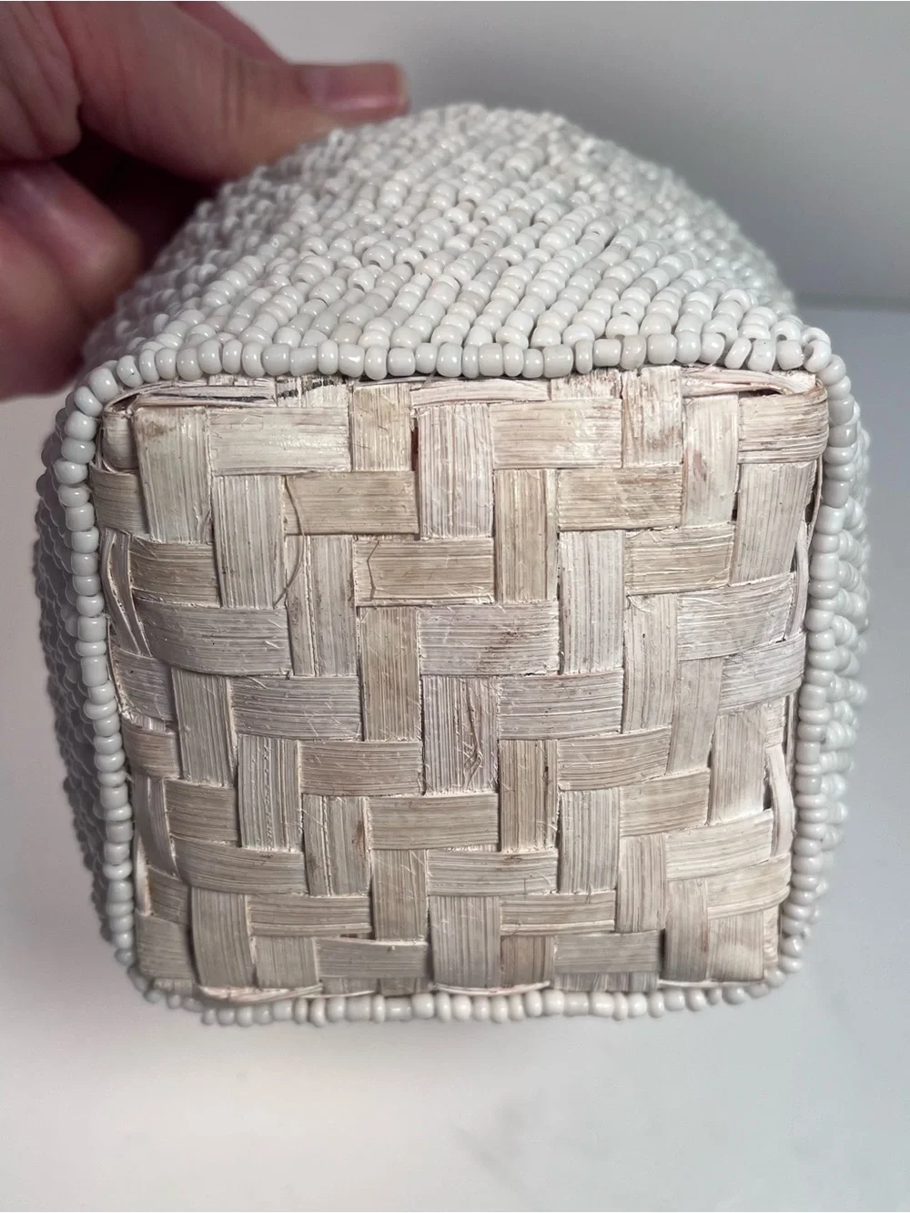 White Bamboo Beaded Trinket Basket